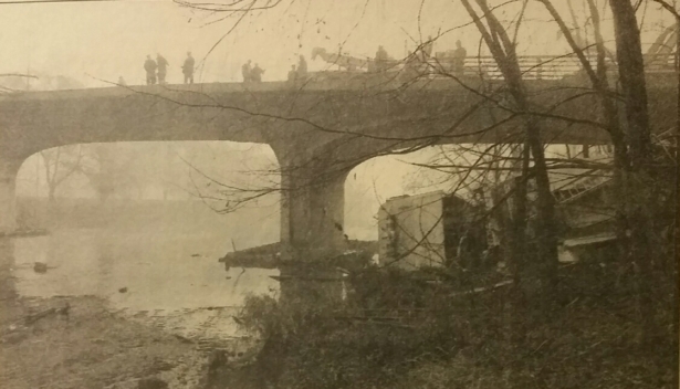 Vauxhall bridge and crumpled fire truck