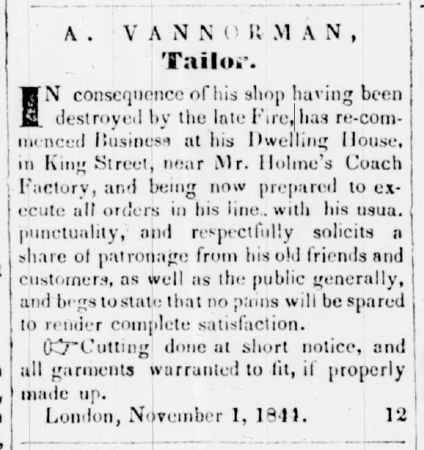 A. VANNORMAN, Tailor. – Reopening after 1844 fire
