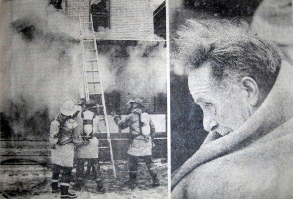  Nine London men huddled under blankets and neighbors’ coats early today after fire drove them from a three-storey rooming house at 761 King St., into sub-freezing weather. Firefighters at left spray water on the verandah roof to stop the spread of the fire, which tenants said started on the main floor. Roomer Bruce Isaac, right, takes shelter from the cold under a blanket. No person was hurt but a pet dog died.