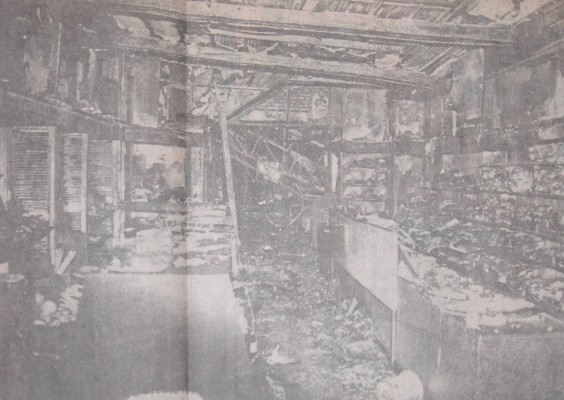 A portion of the second floor and roof can be seen in this interior view of Classic Hobby Crafts Ltd. the store, at 263 Dundas St., was destroyed in the fire. Also destroyed were a bookstore and the news offices of Satellite magazine. Photo by George Blumson of The Free Press
