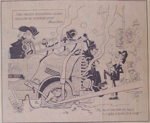 Ting Editorial cartoon of firemen talking with police officer at an accident scene