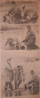 Hot weather, heat from the fire and heavy protective clothing ganged up on firefighter Ernie West, top rear, as he helped Pat Darcy train a hose on the three-alarm fire. In the second picture West gets some relief by dousing his face. However, bottom picture, he has to be helped from the scene by Capt. Bruce Shannon. West took a short rest and returned to fight the fire. (By Bill Ironside of The Free Press)