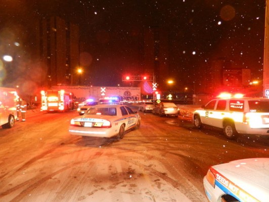 A freight train struck a pedestrian at a the crossing on Colborne St. south of York St. in London just before 7 p.m. Saturday night. HANK DANISZEWSKI / THE LONDON FREE PRESS / QMI AGENCY