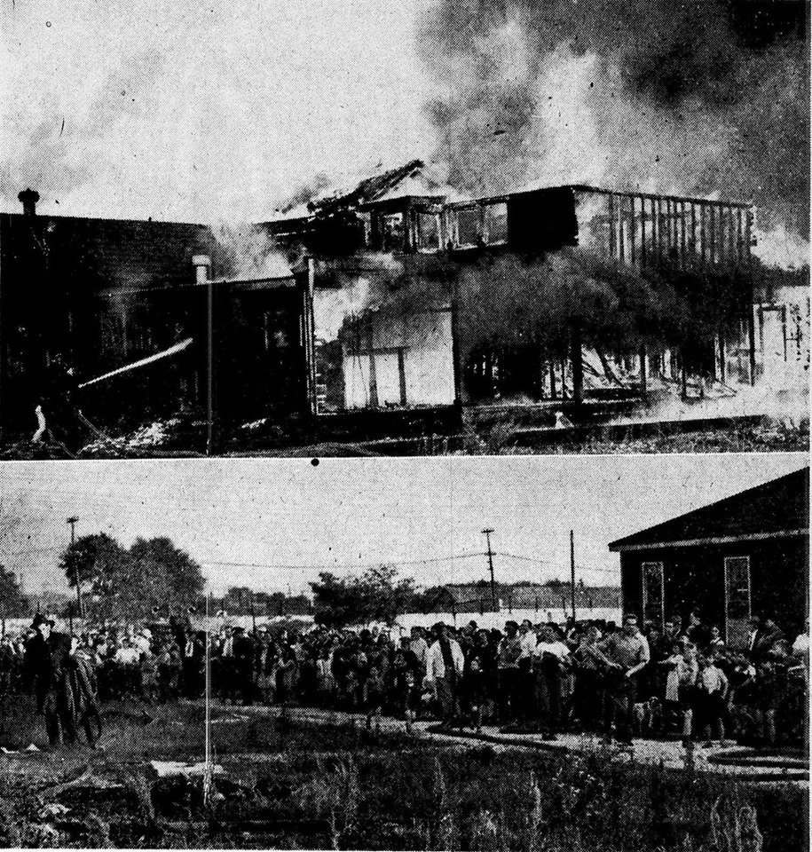 "Blaze deliberately set" - damages hut June 17, 1948 Fire is shown destroying the last section of the remaining H-Type army hut at Queen's Park. A previous section was destroyed by fire 6 months before. This fire was deliberately set, posssibly by children. Flames were seen to reach 30 ft into the air and attracted a large crowd of spectators.  source - London Free Press Microfiche, London Room, Central Library