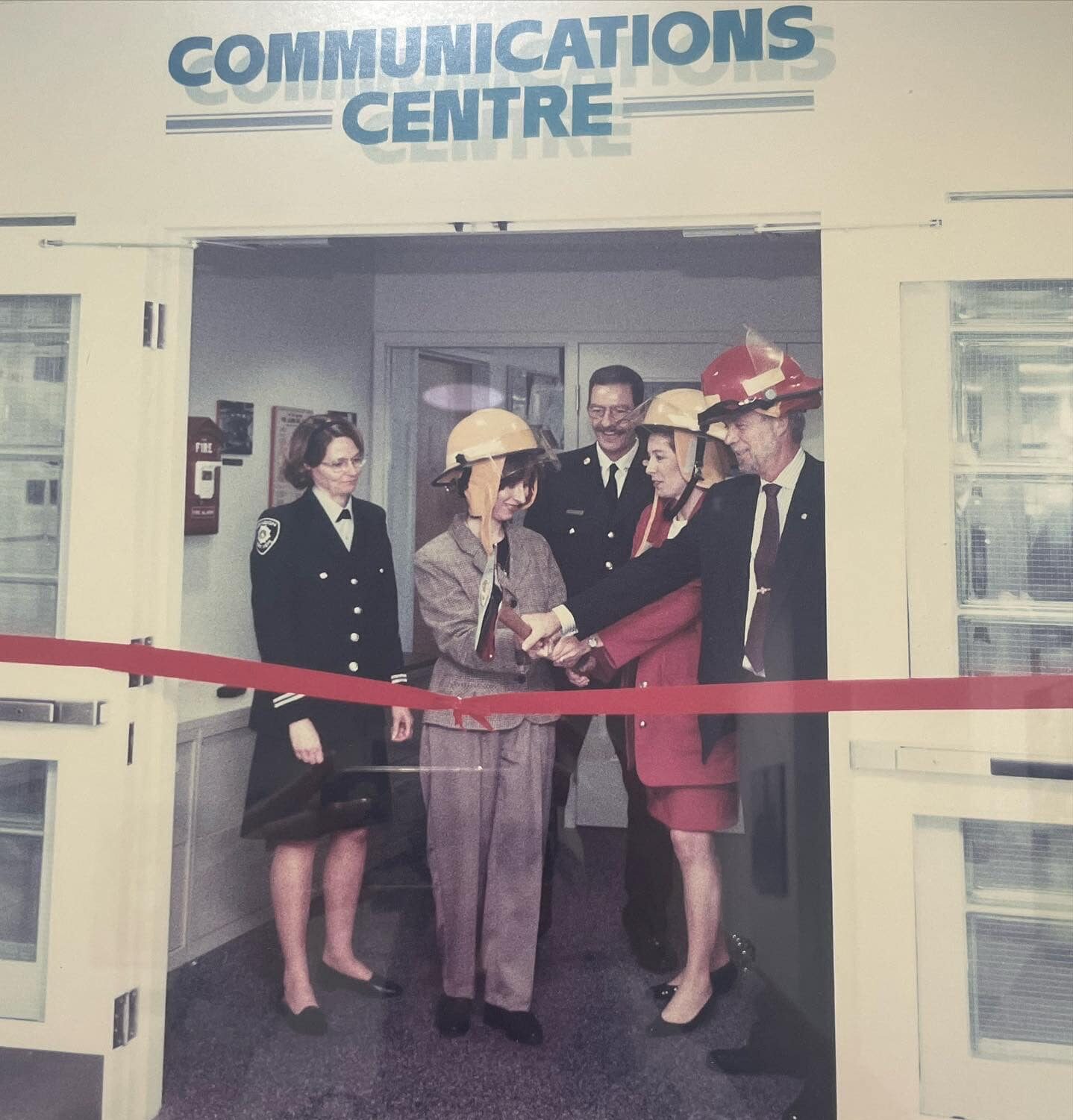 Official launch of computer-aided dispatch system in London, Ontario. (L-R Supervisor of Communications Deborah McCutcheon, Deputy Mayor Anne Marie Decicco, Fire Chief Designate Dave Hodgins, Mayor Dianne Haskett, Fire Chief Gary Weese (ret.))
