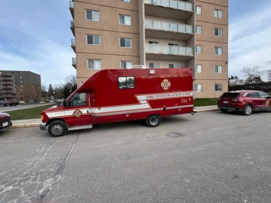A tenant in an apartment building on Mornington Avenue in London was rescued from their balcony by London firefighters during a blaze early Monday, the London fire department said. (London fire department X photo)
