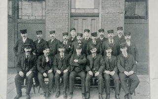 Fire Fighters of London pictured in 1901. At that time London only had three fire stations, Central Fire Station #1 at 201-206 King St., Fire Station # 2 at Dundas and Rectory streets, and Fire Station # 3 at 160 Bruce Street. The 1901 City Directory lists 20 men on the Fire Department and in this photo are pictured 19 fire fighters. 1901 (Source: Facebook, Vintage London, Ontario, 1901 London Old Boys Reunion Booklet)