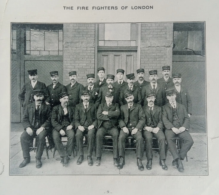 Fire Fighters of London pictured in 1901. At that time London only had three fire stations, Central Fire Station #1 at 201-206 King St., Fire Station # 2 at Dundas and Rectory streets, and Fire Station # 3 at 160 Bruce Street. The 1901 City Directory lists 20 men on the Fire Department and in this photo are pictured 19 fire fighters. 1901 (Source: Facebook, Vintage London, Ontario, 1901 London Old Boys Reunion Booklet)