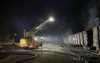 Fire crews continue to dose smouldering wooden railway ties at Adelaide Yard. Using @RosenbauerGroup T-Rex Aerial Truck. (Source: London Fire Department @LdnOntFire)