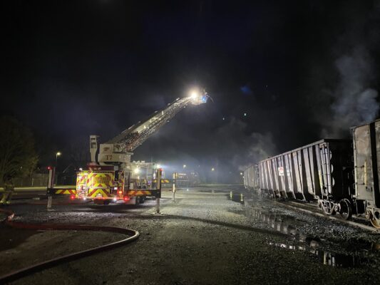 Fire crews continue to dose smouldering wooden railway ties at Adelaide Yard. Using @RosenbauerGroup T-Rex Aerial Truck. (Source: London Fire Department @LdnOntFire)