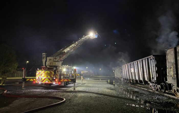 Fire crews continue to dose smouldering wooden railway ties at Adelaide Yard. Using @RosenbauerGroup T-Rex Aerial Truck. (Source: London Fire Department @LdnOntFire)