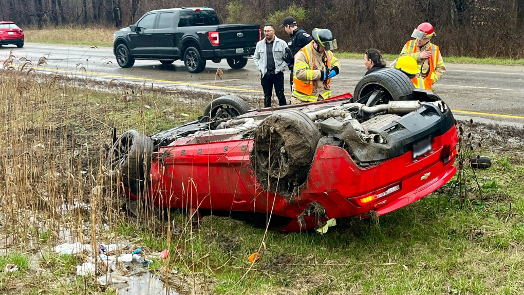 London, Ont. fire crews responded to a rollover collision on Highbury Avenue on April 12, 2024. (Source: London Fire Department/X)