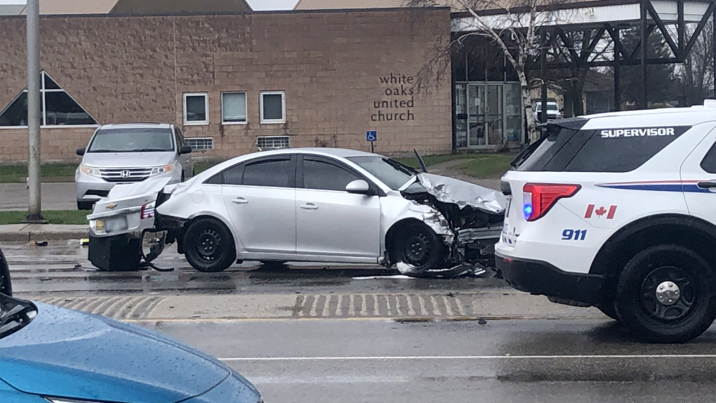 A 4-vehicle collision occurred at the intersection of Southdale Road East and Jalna Boulevard on April 12, 2024. (Fiona Robertson/CTV News London)