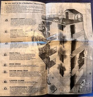 A line art drawing of the training tower on Wellington Rd, depicting the testing stations to be completed by firefighter prospects.