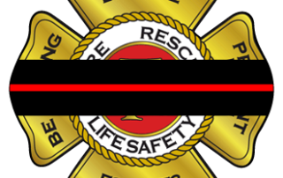 LFD logo with a large black band and thin red line horizontally through the centre of the badge