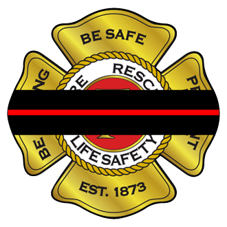 LFD logo with a large black band and thin red line horizontally through the centre of the badge