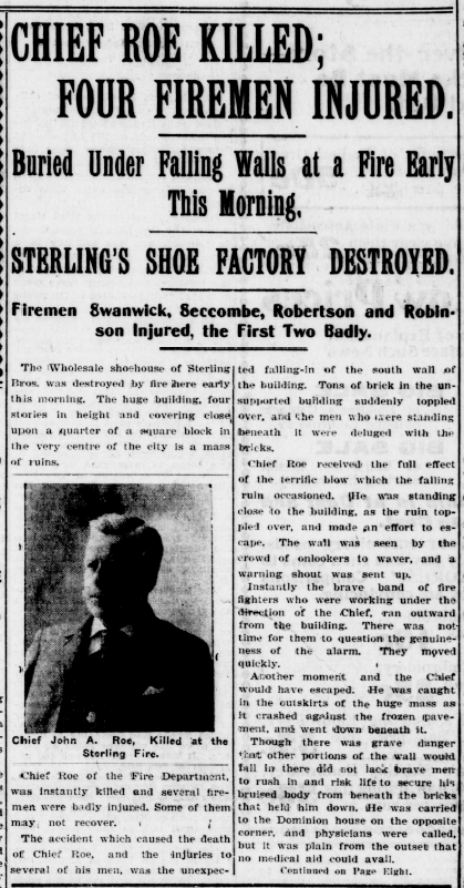 A historic newspaper clipping from the Daily Free Press dated January 6, 1904. The headline reads “Chief Roe Killed; Four Firemen Injured,” reporting the destruction of Sterling’s Shoe Factory and the fatal injuries to Fire Chief John A. Roe. The page includes a portrait of Chief Roe and several columns of text describing the fire and the collapse that killed him.