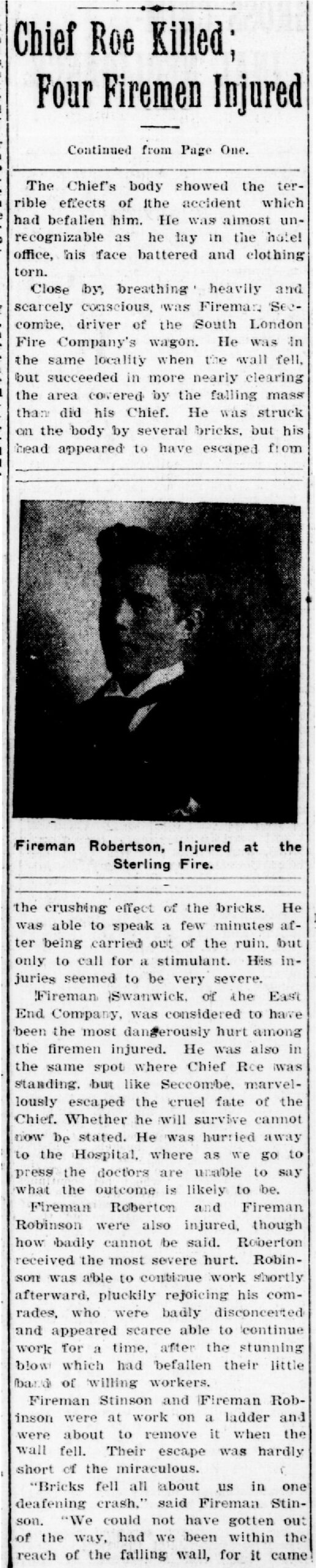 A newspaper column from the Daily Free Press dated January 6, 1904. The article continues the story of Chief Roe’s death and describes the severe injuries to several firefighters caught in the wall collapse at the Sterling fire. The clipping includes text detailing their conditions and a dark portrait of one of the injured firemen.