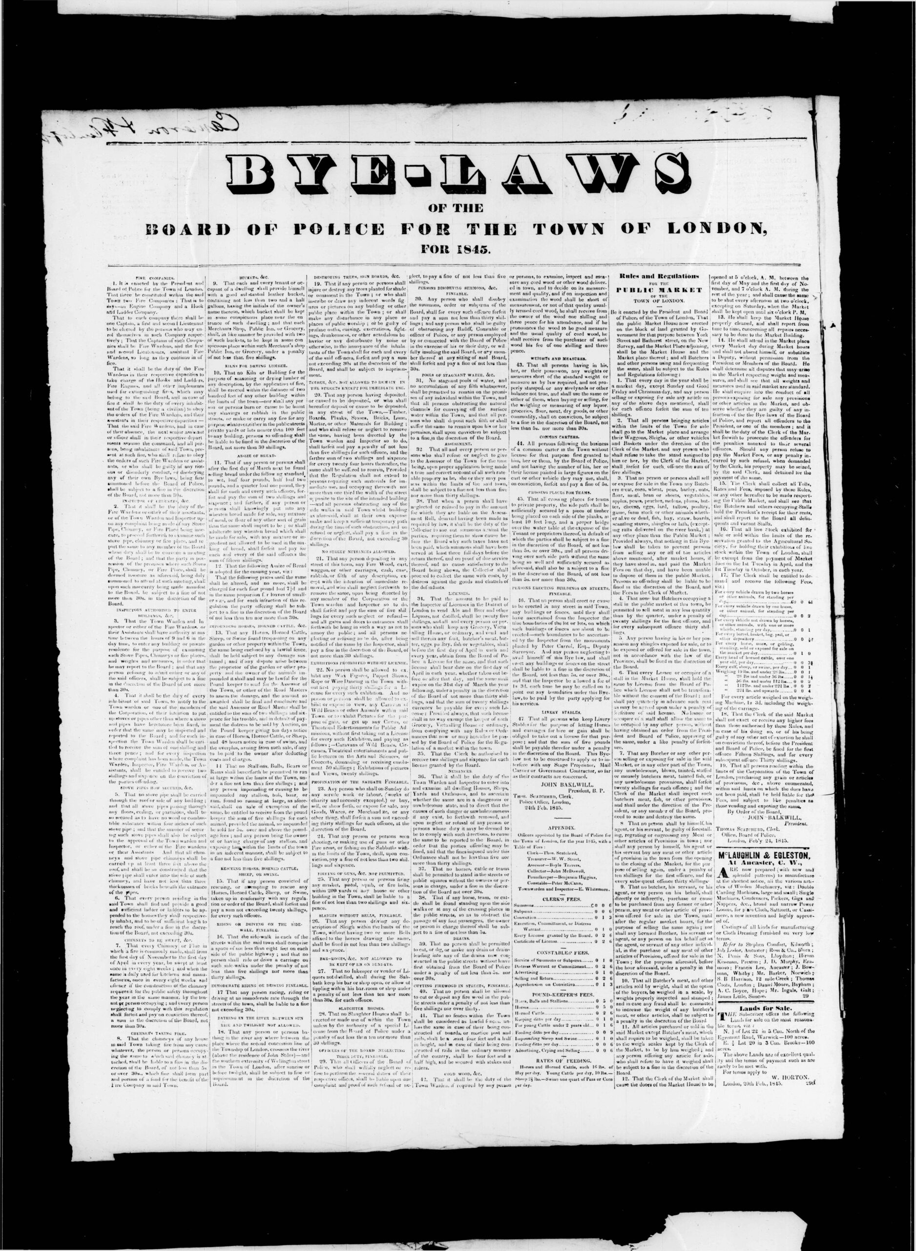 1845 Fire By-Laws of the Town of London A full-page 1845 printed broadside titled “Bye-Laws of the Board of Police for the Town of London,” listing regulations for fire companies, fire wardens, chimney and stove safety, fire buckets, ladders, open burning restrictions, and community fire-prevention duties. The document is densely printed in multiple columns of small text on aged paper.