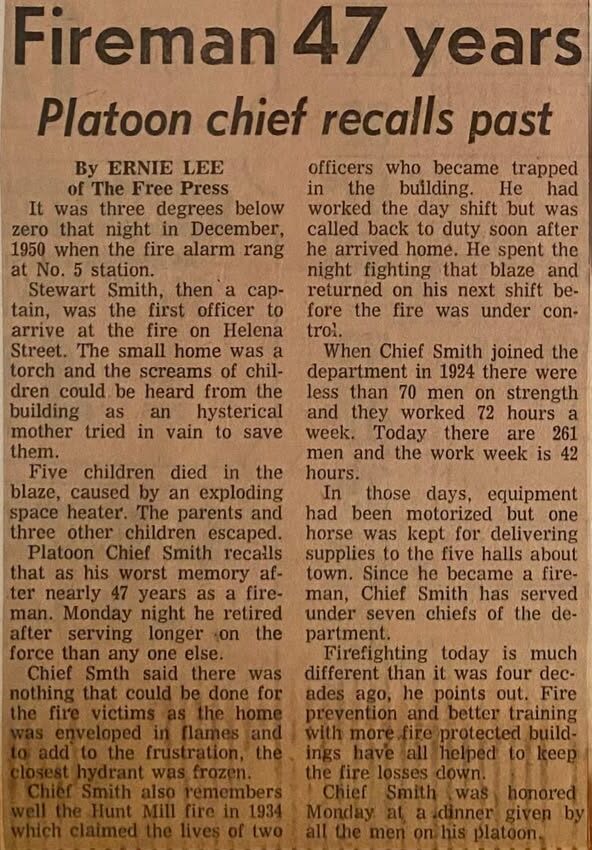 Newspaper clipping with a photo of London Fire Department Platoon Chief Stewart Smith in uniform on his last official rounds, next to a typed article titled ‘Fireman 47 years – Platoon chief recalls past’ describing his long career.