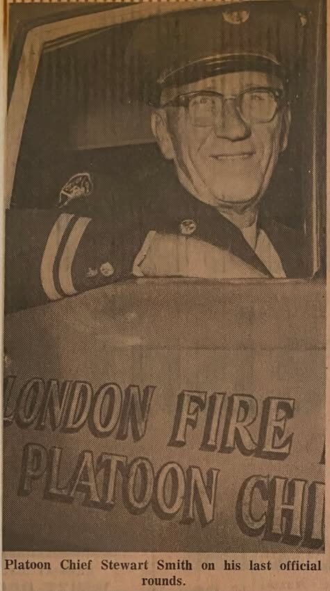 Newspaper clipping with a photo of London Fire Department Platoon Chief Stewart Smith in uniform on his last official rounds, next to a typed article titled ‘Fireman 47 years – Platoon chief recalls past’ describing his long career.