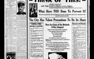 Historic newspaper page from the London Advertiser dated October 2, 1926, promoting Fire Prevention Week in London, Ontario, featuring fire statistics, safety tips, and calls for public responsibility in preventing fires.
