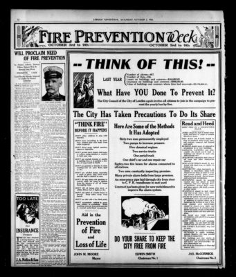 Historic newspaper page from the London Advertiser dated October 2, 1926, promoting Fire Prevention Week in London, Ontario, featuring fire statistics, safety tips, and calls for public responsibility in preventing fires.
