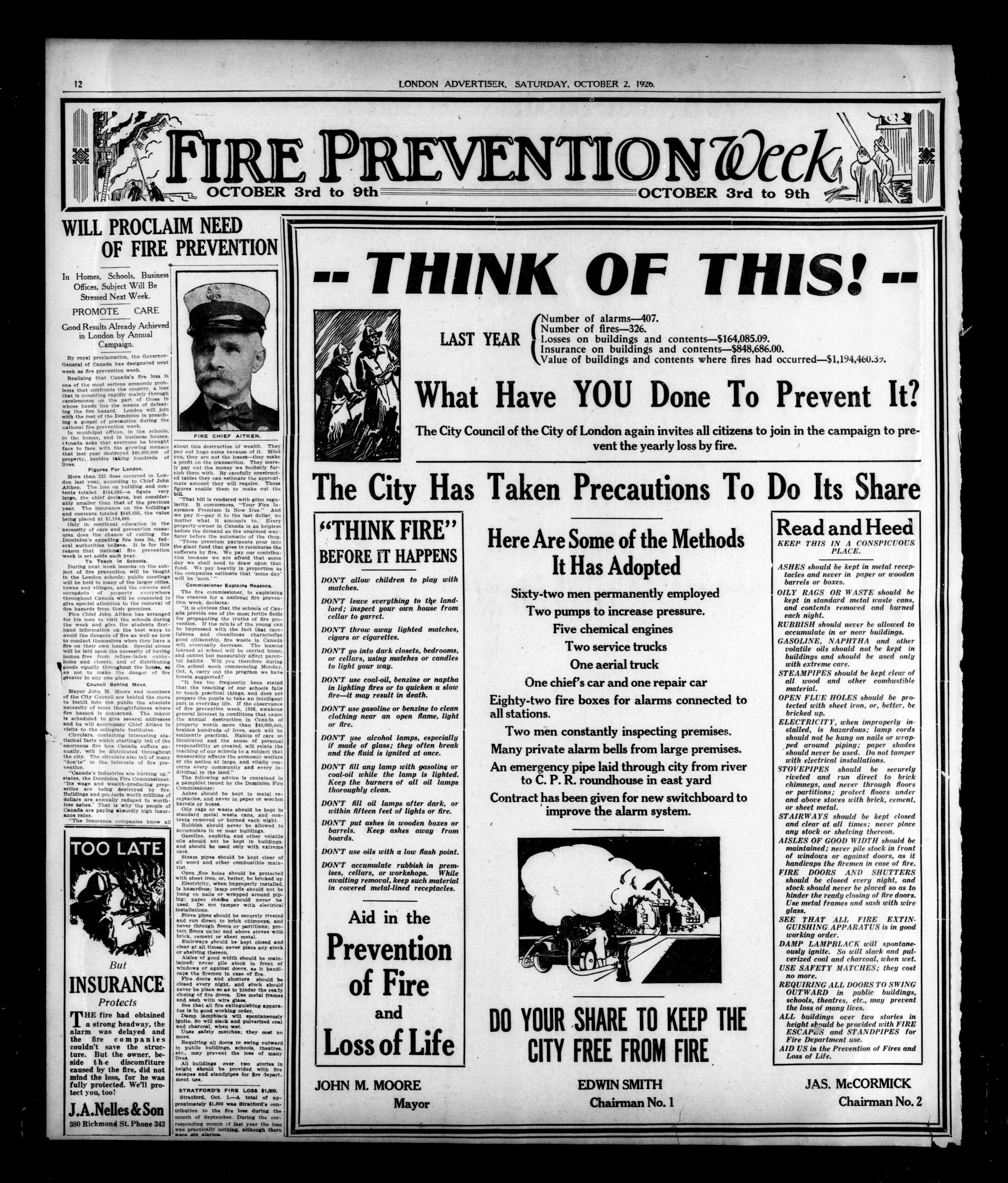 Historic newspaper page from the London Advertiser dated October 2, 1926, promoting Fire Prevention Week in London, Ontario, featuring fire statistics, safety tips, and calls for public responsibility in preventing fires.