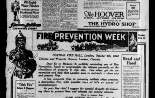 Black-and-white newspaper page from 1923 showing a Fire Prevention Week proclamation in London, Ontario, with a message from Fire Chief John Aitken and fire safety advice for citizens.