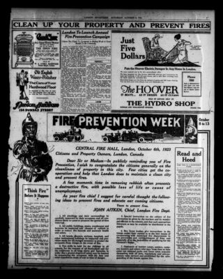 Black-and-white newspaper page from 1923 showing a Fire Prevention Week proclamation in London, Ontario, with a message from Fire Chief John Aitken and fire safety advice for citizens.