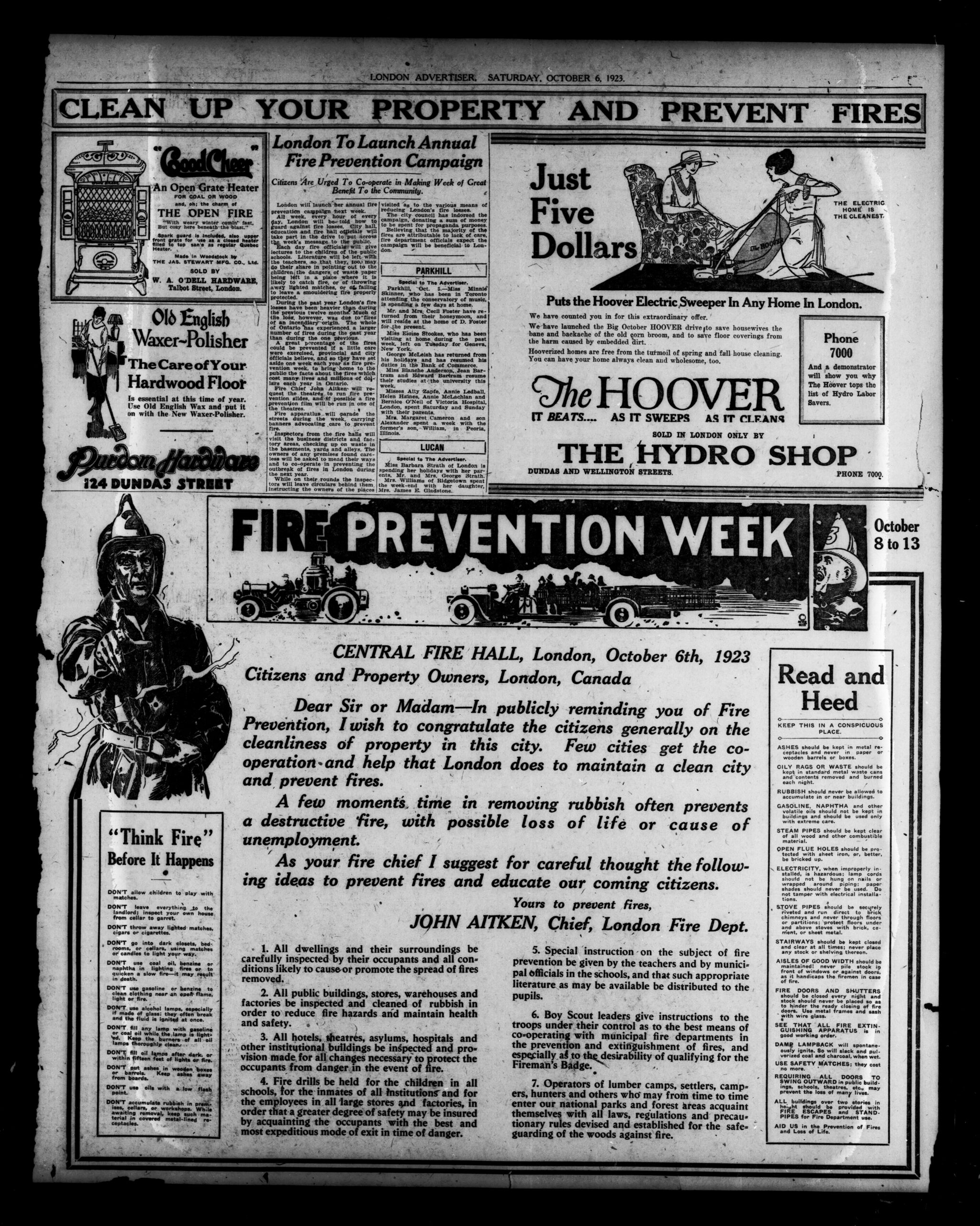 Black-and-white newspaper page from 1923 showing a Fire Prevention Week proclamation in London, Ontario, with a message from Fire Chief John Aitken and fire safety advice for citizens.