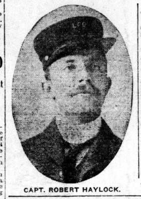 Historic newspaper clipping announcing Robert Haylock as captain of London’s North End Fire Station, with a portrait of Capt. Robert Haylock.